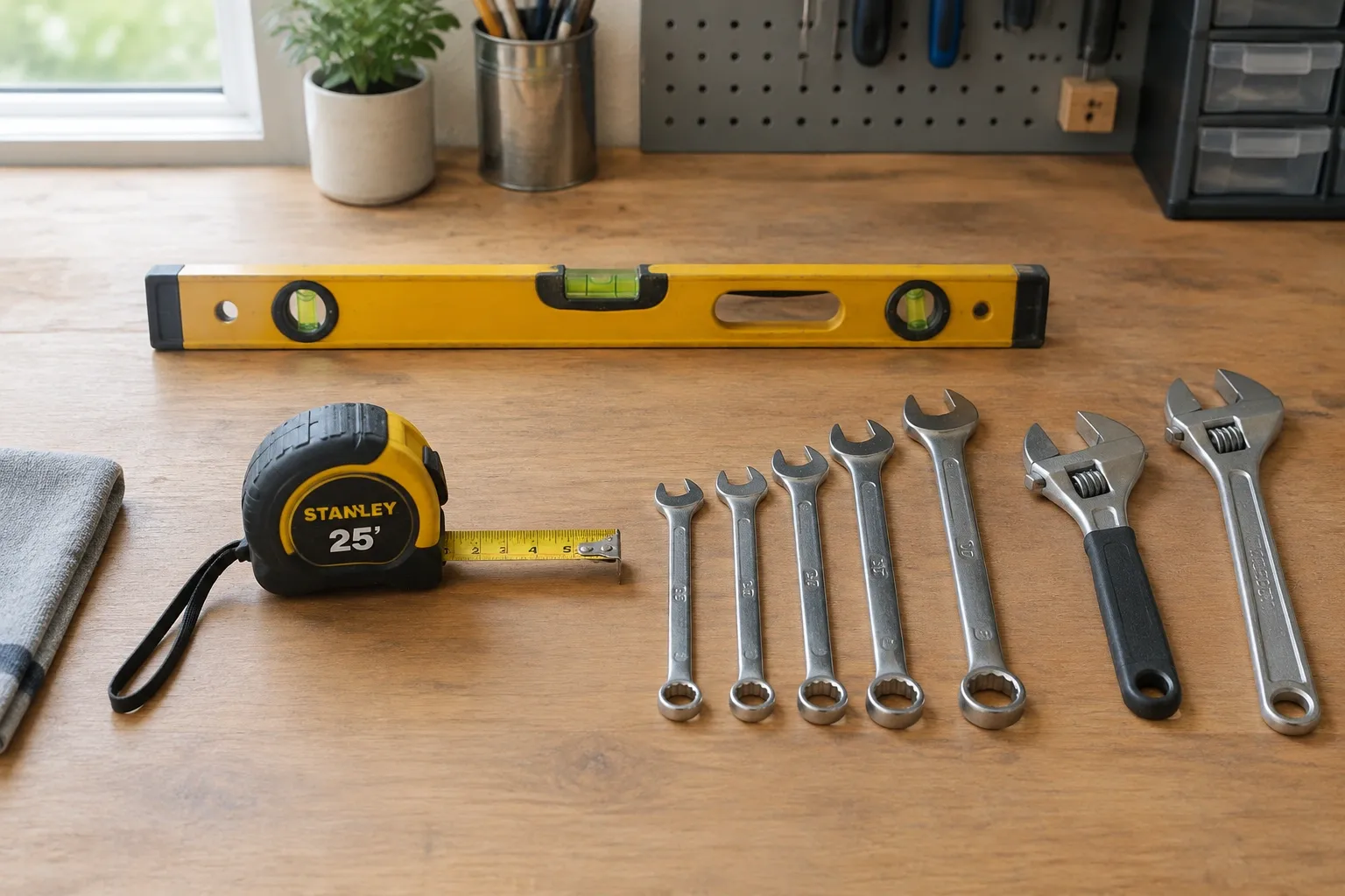Neatly arranged hand tools and measuring equipment on a clean wooden work table