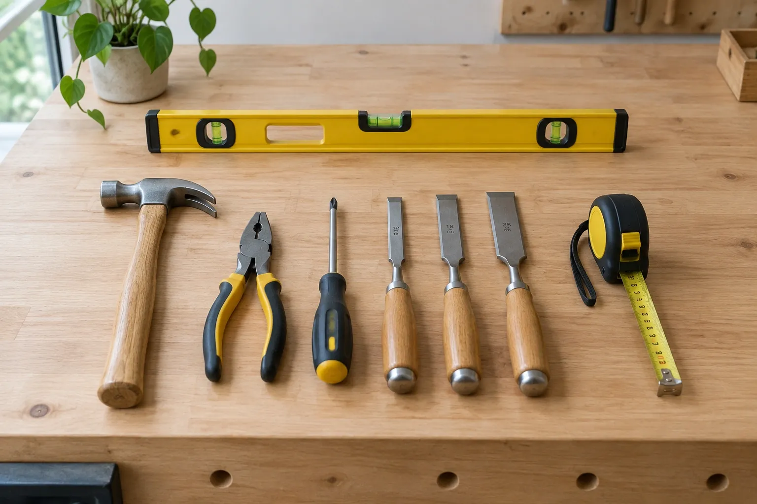 Neat tools and equipment arranged on a clean wooden work surface ready for home repairs