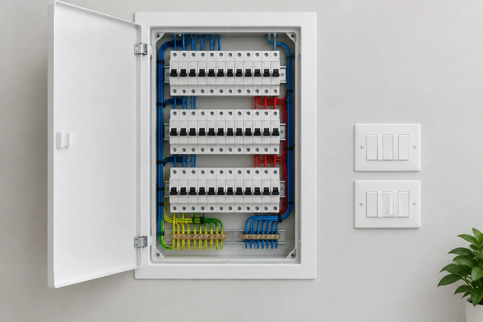 Neatly aligned wall switches and modern distribution box installed on a smooth wall